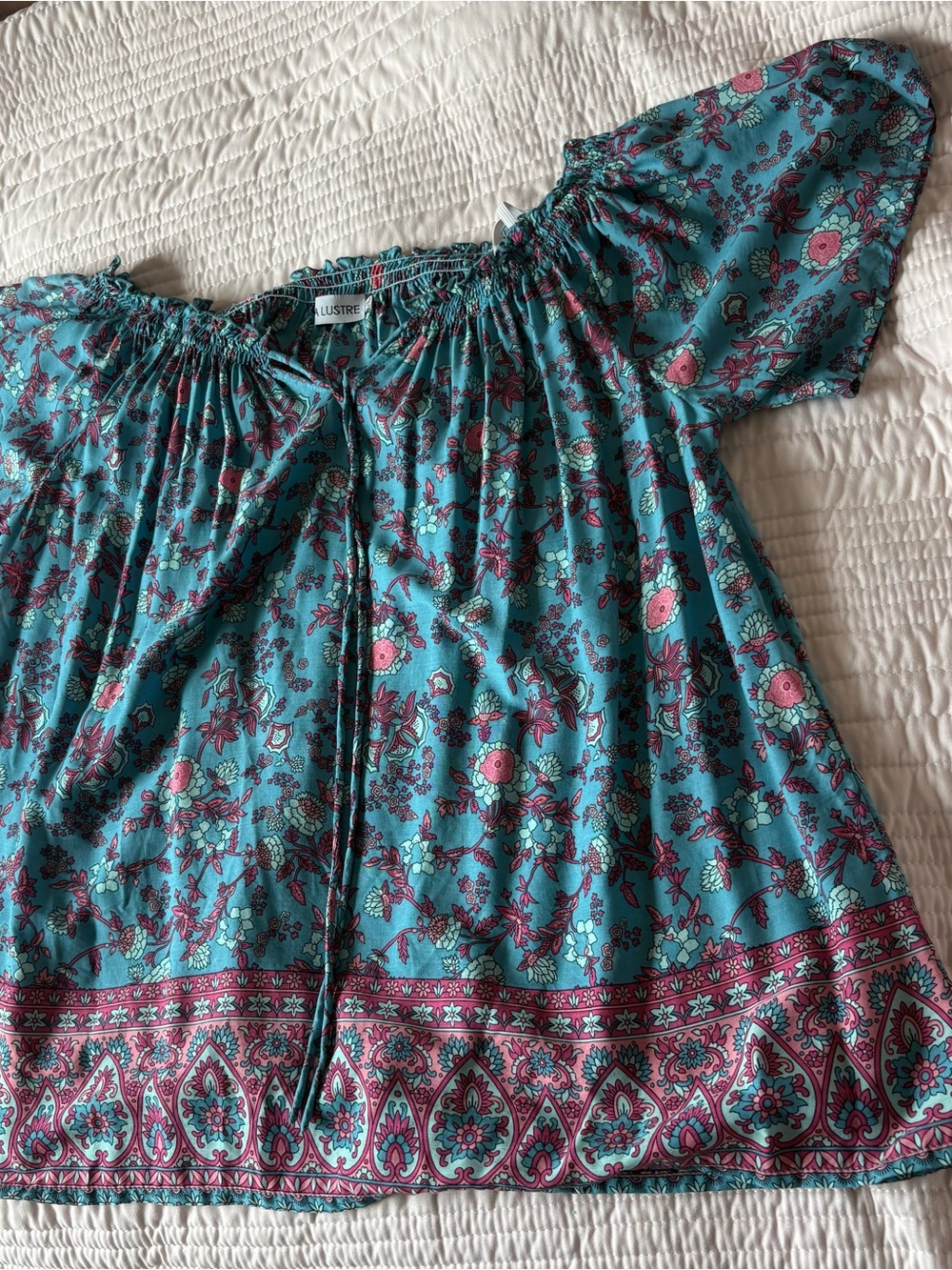Teal Floral Off-Shoulder Woman’s Blouse - Picture 3 of 4